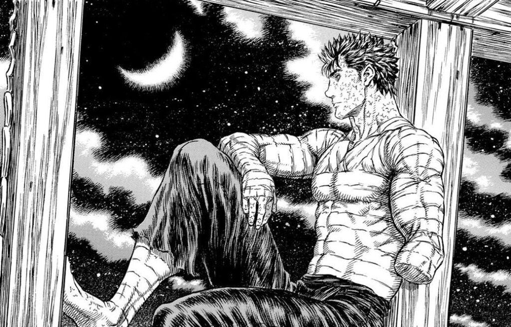 planche de Berserk où Guts observe à la fenêtre